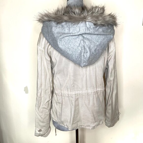 Marrakech Beige Faux Fur Lined Hood Jacket Size XS Brown Utility Cargo Packable - Picture 9 of 16